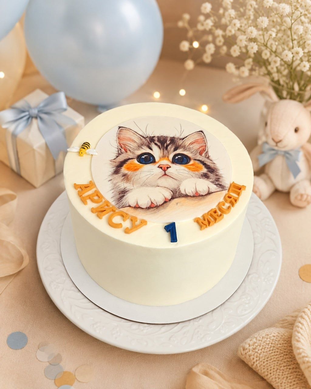 Торт с котёнком и съедобной печатью